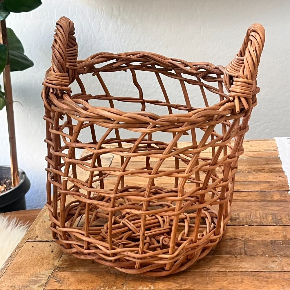 Natural Hand Woven Open Weave Basket with Side Handles Planter Cover Decor